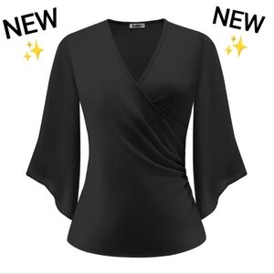 Funadressr Black Vibrant Solid Color Notch Neck Chic Blouse Size XL